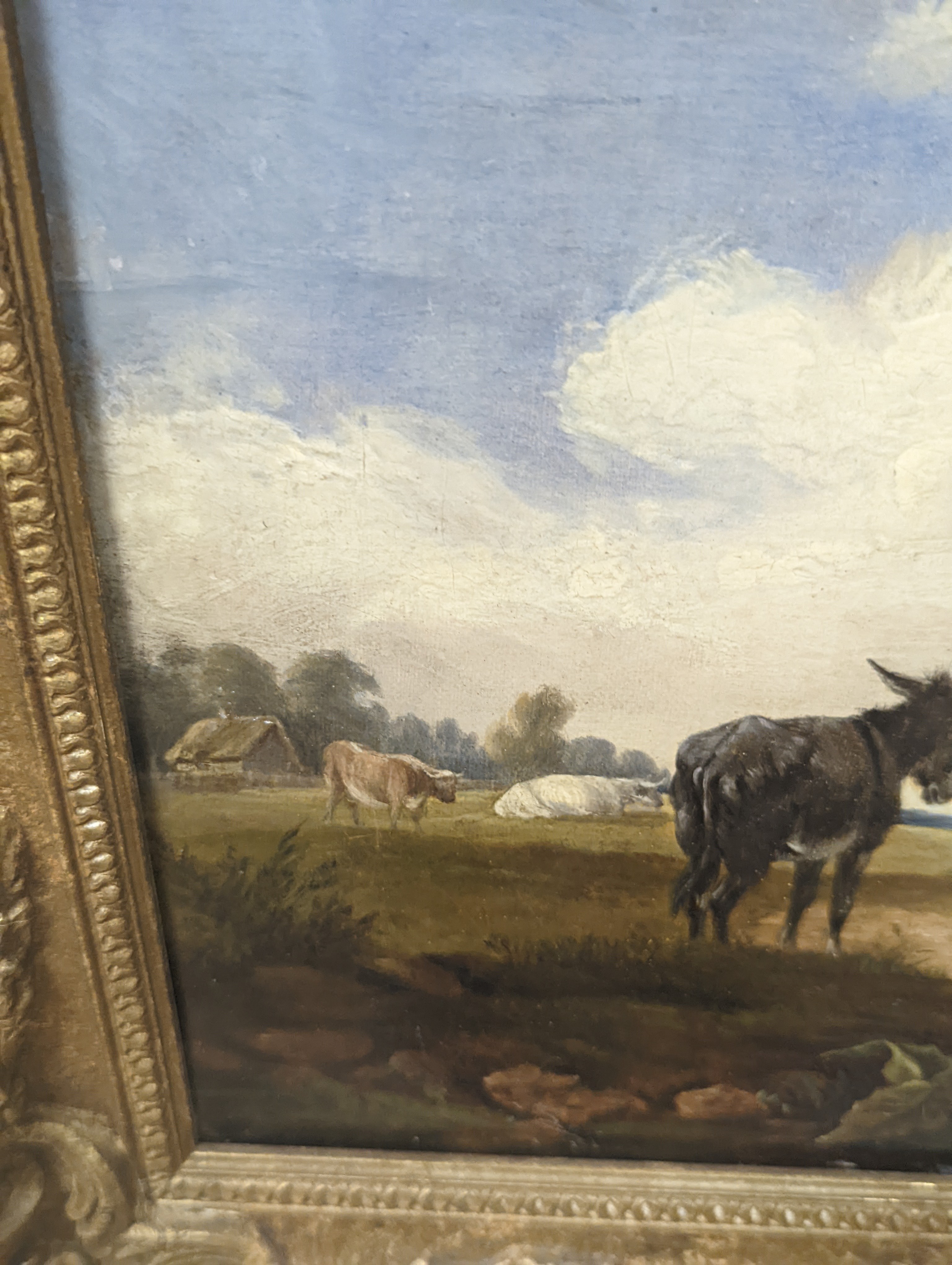 Manner of Thomas Sidney Cooper, oil on canvas, Cattle and donkey in a landscape, 28 x 37cm